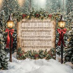 an old sheet music with christmas decorations and lights in front of snow covered evergreen trees