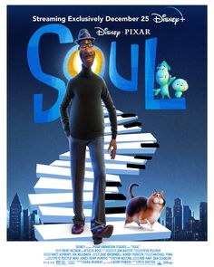 the movie poster for soul features an animated man standing on top of a piano keyboard