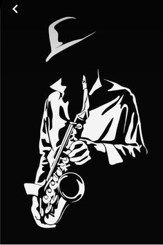 a black and white image of a man with a hat holding a saxophone in his right hand