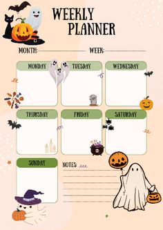 a printable weekly planner for halloween with pumpkins, ghost and other things on it