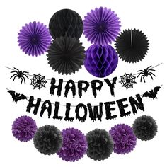 purple and black decorations with the words happy halloween