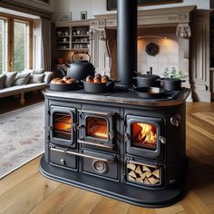 an old fashioned stove with pots and pans on it