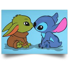 two cartoon characters sitting next to each other on a blue background, one is kissing the other