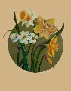 an oil painting of flowers on a brown background