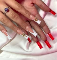 Red Bottom Nails, Red And White Nails, 15k Followers, Long Acrylic Nails Coffin