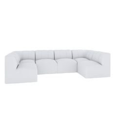 a white sectional sofa with four seats and one end facing the camera, on a white background