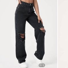 Ripped Detail Straight Leg Black Jeans New With Tags! Black Straight Leg Jeans Outfit, Ripped Jeans Aesthetic, Black Jeans Ripped, Black Ripped Jeans Outfit, Ripped Jeans Black, Ripped Black Jeans, Drag Inspiration, Girls Black Jeans, Ribbed Jeans