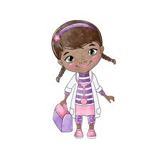 a cartoon girl with brown hair and pink shoes holding a purple bucket in her hand