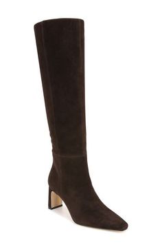 Soft leather brings timeless style to a knee-high boot designed with a squared toe and sleek heel. 2 3/4" heel (size 8.5) 16 1/2" shaft; 14 1/2" regular calf circumference 16 1/2" shaft; 16" wide calf circumference Leather upper/synthetic lining/rubber sole Imported Brown Leather Knee High Boots Outfit, Brown Knee High Boots Outfit, Dark Brown Knee High Boots, Chocolate Brown Boots, 2024 Wishlist, Brown Knee High Boots, Wide Calf, Designer Boots, Winter 2024