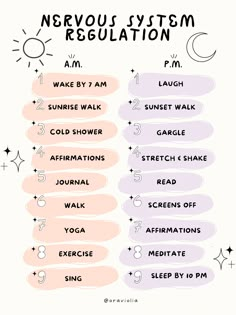 Struggling with chronic anxiety? This poster displays both morning and evening routines that help regulate the nervous system and bring you peace. Infj Morning Routine, Reset Nervous System, Low Dopamine Morning Routine, How To Regulate Your Nervous System, Regulate Nervous System, Nervous System Regulation, Nervus Vagus, Mental Health Therapy, Positive Mental Health