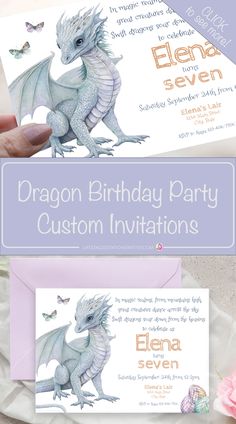 a dragon birthday party is shown with the name and age on it's card