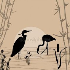 two birds are standing in the water near bamboo trees and reeds at sunset or dawn