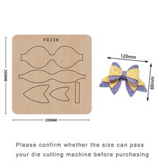 a wooden cutting board with an image of a bow on it and the measurements for each piece