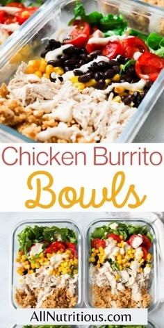 chicken burrito bowls with text overlay that reads, chicken burrito bowls all nutritious