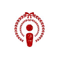 a red and white logo with an image of a person in a wreath around it