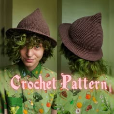 two women wearing matching hats with the words crochet pattern on them and green hair