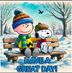 a charlie brown and his dog sitting on a bench in the snow have a great day