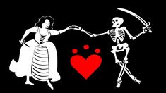 a skeleton and a woman holding hands over a heart