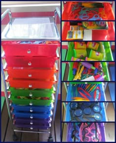 a collage of different colored bins with scissors and other items in each container