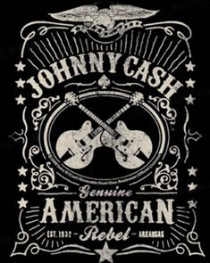 johnny cash poster with two guitars in the middle and an eagle above it, on black background