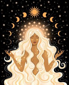 a woman with long white hair sitting in front of the sun and stars on her body