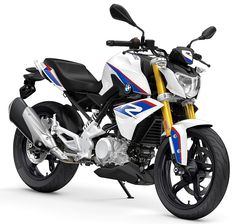 a white and blue motorcycle is shown on a white background