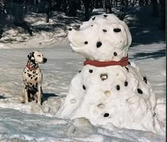 a dalmatian dog standing next to a snow man