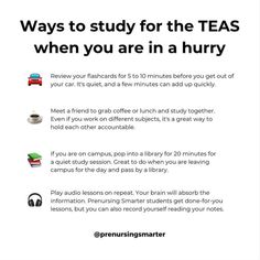 an advertisement for teas with the words, ways to study for the teas when you are in a hurry