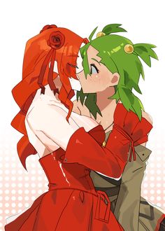 an anime character with green hair and red dress