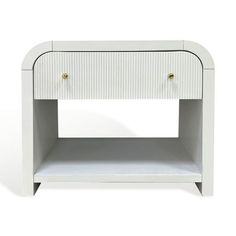 a white nightstand with two drawers on the bottom and one drawer open to show an empty shelf