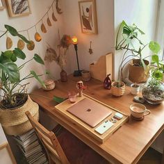 a wooden desk topped with a laptop computer sitting on top of a wooden table next to a potted plant