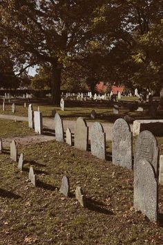 an old cemetery with headstones and trees in the background