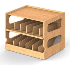 a wooden shelf with several compartments on each side and one section open to show the contents