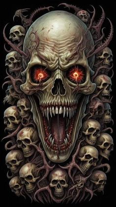 an evil skull with red eyes and tentacles on it's face, surrounded by skulls