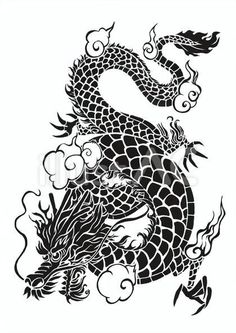 a black and white drawing of a dragon