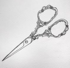 a drawing of a pair of scissors with chains attached to the handle and handles, on top of a piece of paper