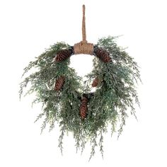 a wreath hanging from a rope with pine cones