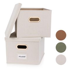 two canvas storage bins with lids and handles, one for the bottom and one for the top