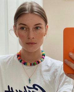 ANNI LU Jewelry on Instagram: "Shop The Look: @carolinelossberg 🌺 〰️ Discover Caroline's favorites from the Pacifico collection. She is wearing our Disco Necklace, Tangerine Dream Necklace & Fishy Necklace 🐬 Share your ANNI LU looks with us #annilu" Bead Necklace Outfit, How To Wear Jewelry, Gen Z Beaded Necklace, Funky Beads Necklace, Colorful Beaded Necklace Aesthetic, Eclectic Beaded Necklace, Anni Lu Necklace, Funky Colorful Beads Necklace Gift, Disco Necklace