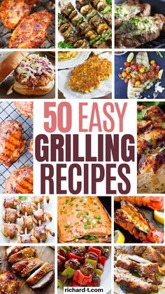 the cover of 50 grilling recipes with pictures of different types of meats and vegetables