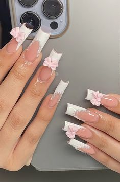 Paznokcie Hello Kitty, Latina Nails, Graduation Nails, Graduation 2024, Nagel Tips, Girly Acrylic Nails, French Tip Acrylic Nails, Short Square Acrylic Nails, Long Acrylic Nails Coffin