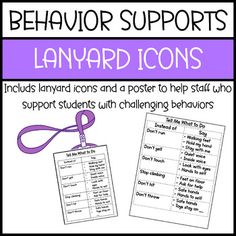 a poster with the words, behavior support and lanyard icons in purple on it