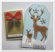 two christmas cards with reindeer and pine cones