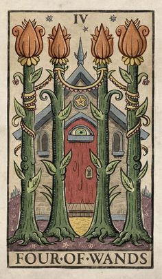 the four of wands in front of a house with trees and flowers on it