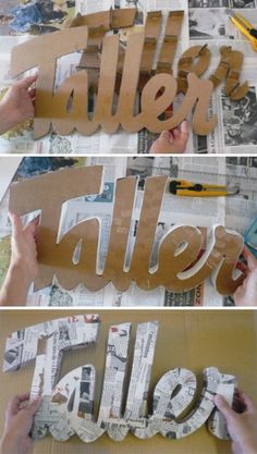 two pictures of letters made out of newspaper paper and cut into the word hello with scissors