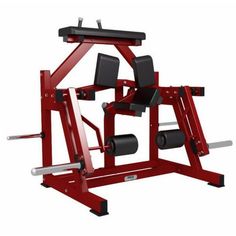 a red weight machine with two black dumbs