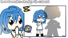 an anime character with blue hair is looking at the shadow of another character in front of her