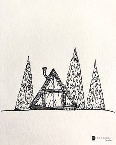 a drawing of a house surrounded by trees