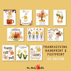 thanksgiving handprint and footprints cards with the words happy thanksgiving written in different font styles