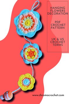 the crochet flower decoration is hanging on a pink and orange background with text